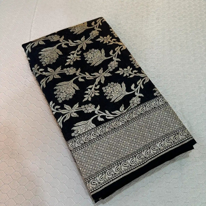 Black Water Zari Floral Munga Silk Banarasi Saree