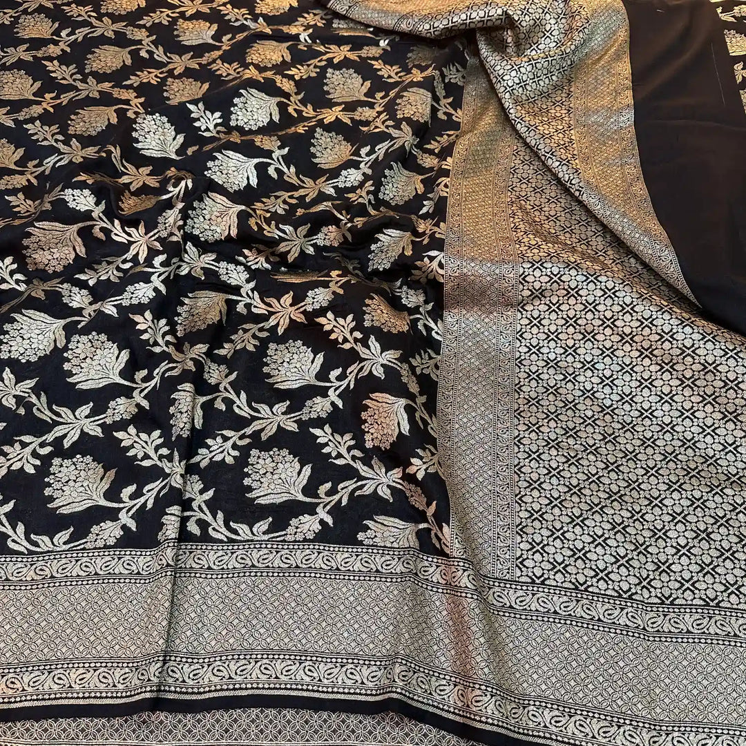 Black Water Zari Floral Munga Silk Banarasi Saree