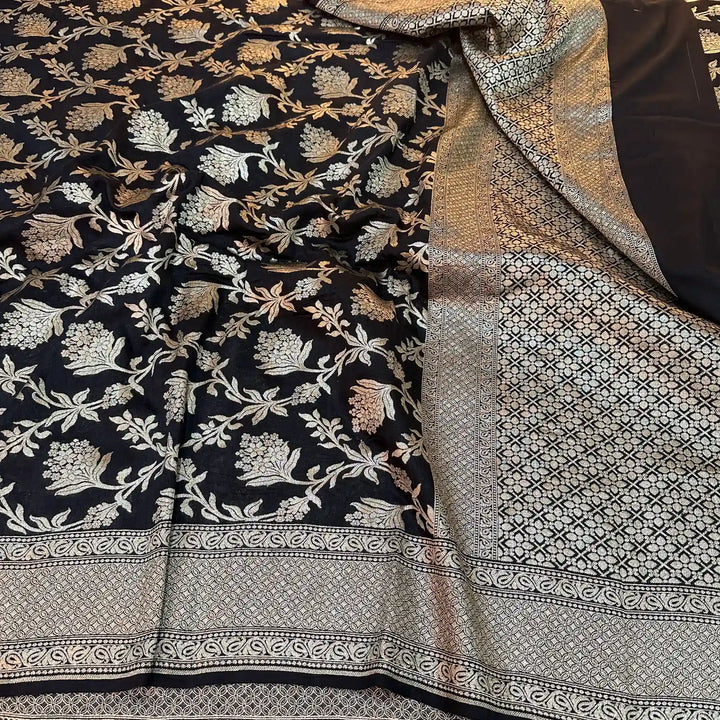 Black Water Zari Floral Munga Silk Banarasi Saree