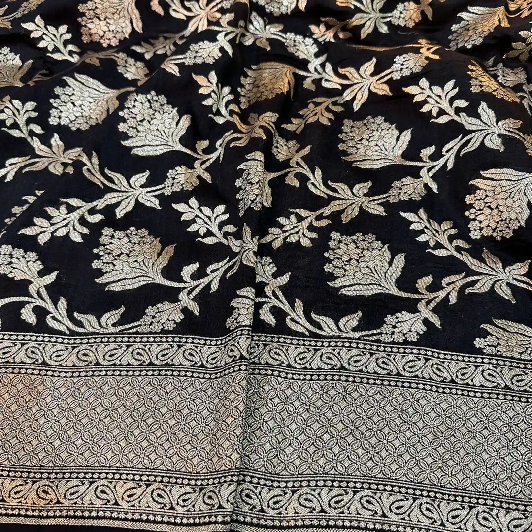 Black Water Zari Floral Munga Silk Banarasi Saree