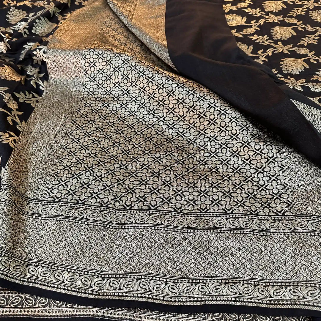 Black Water Zari Floral Munga Silk Banarasi Saree