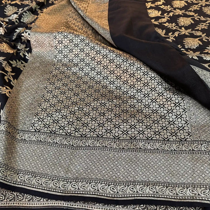 Black Water Zari Floral Munga Silk Banarasi Saree