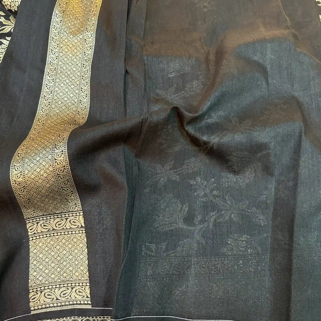 Black Water Zari Floral Munga Silk Banarasi Saree