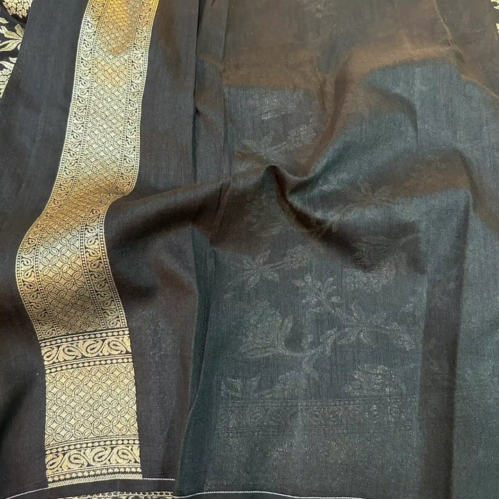 Black Water Zari Floral Munga Silk Banarasi Saree