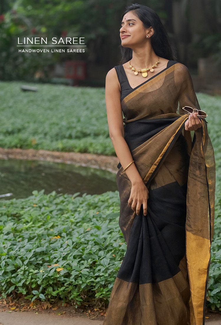 Black and Golden Breathable Pure Linen Tissue Saree with Rich Zari Pallu and Blouse