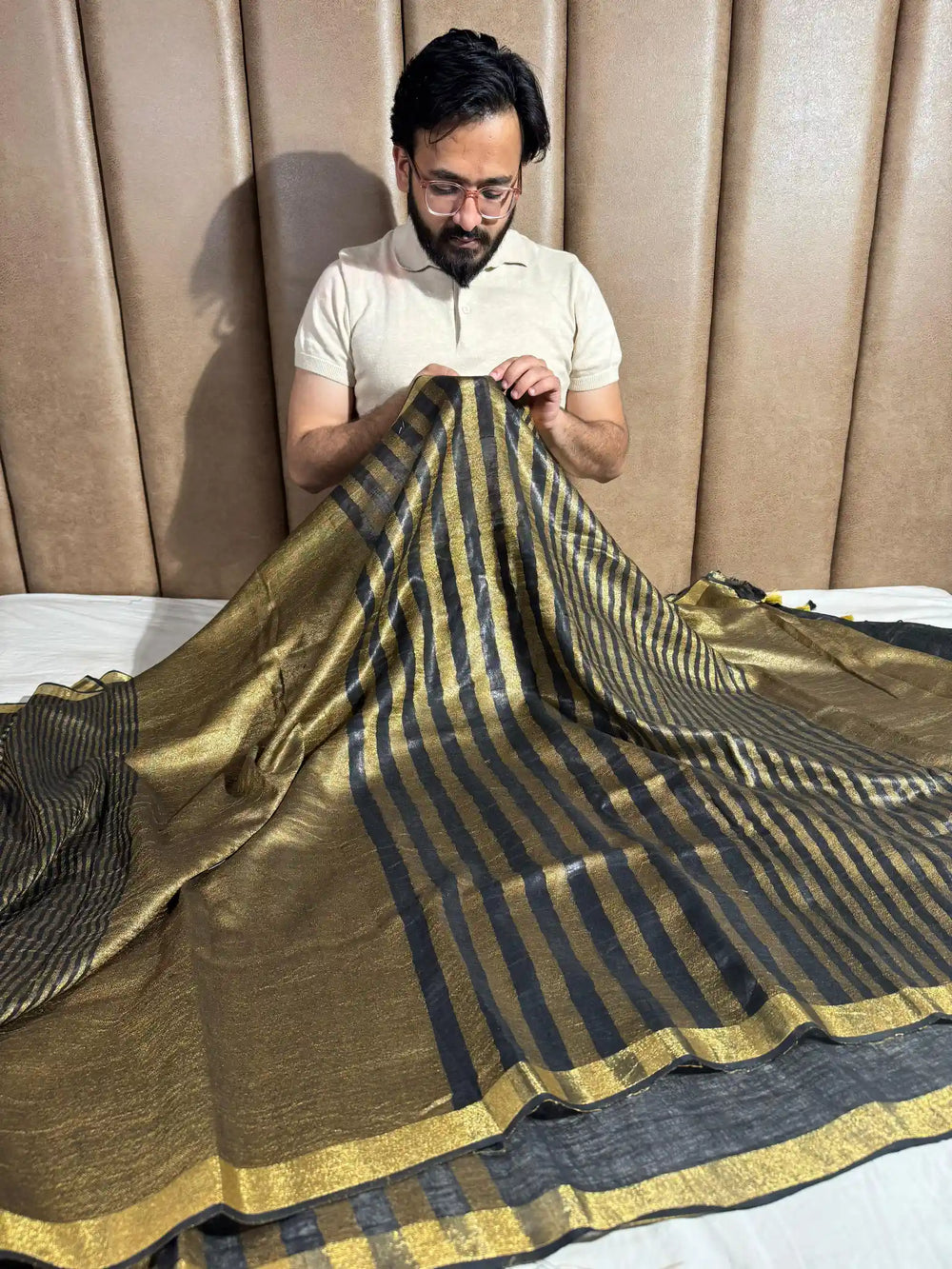 Black and Golden Breathable Pure Linen Tissue Saree with Rich Zari Pallu and Blouse
