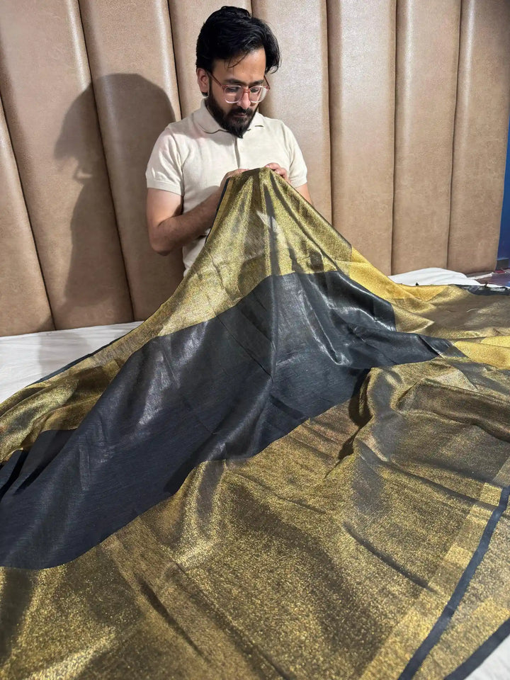 Black and Golden Breathable Pure Linen Tissue Saree with Rich Zari Pallu and Blouse