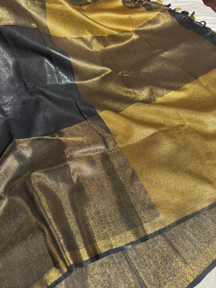 Black and Golden Breathable Pure Linen Tissue Saree with Rich Zari Pallu and Blouse