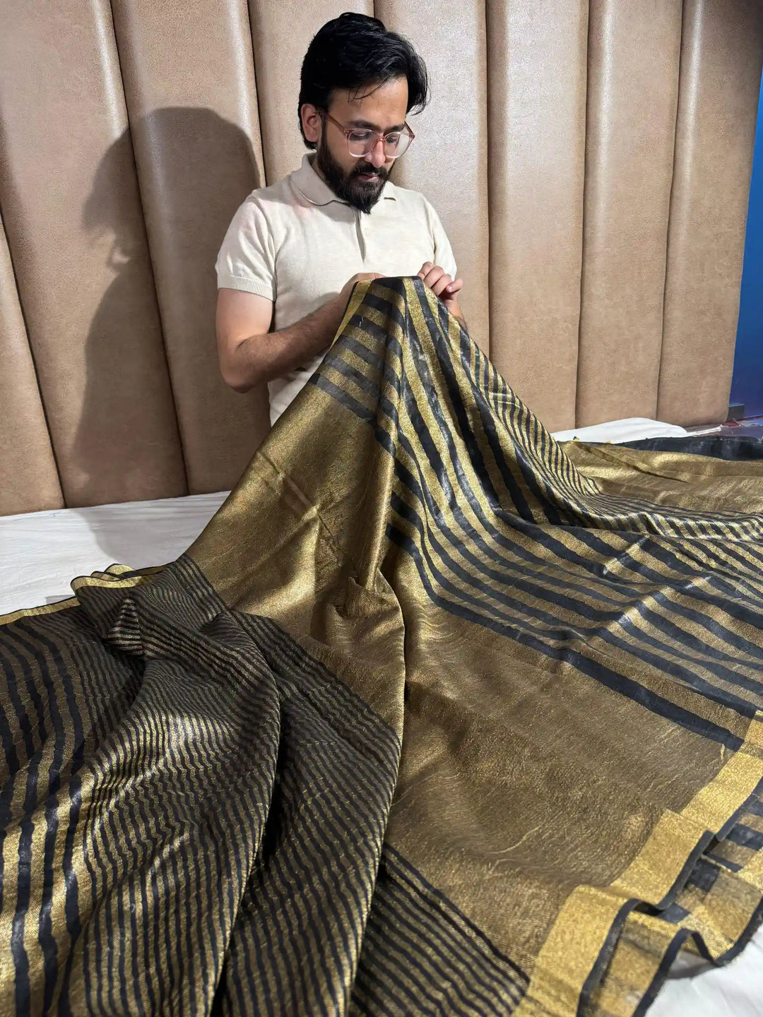 Black and Golden Breathable Pure Linen Tissue Saree with Rich Zari Pallu and Blouse