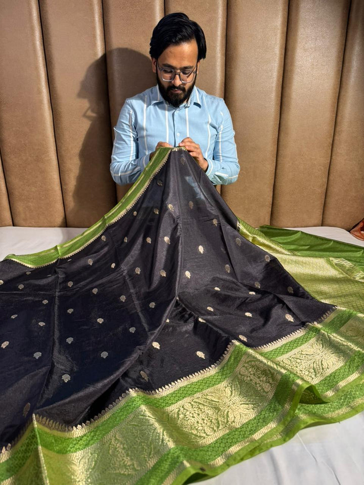 Black shade chiniya silk saree with rich pallu and Contrast blouse