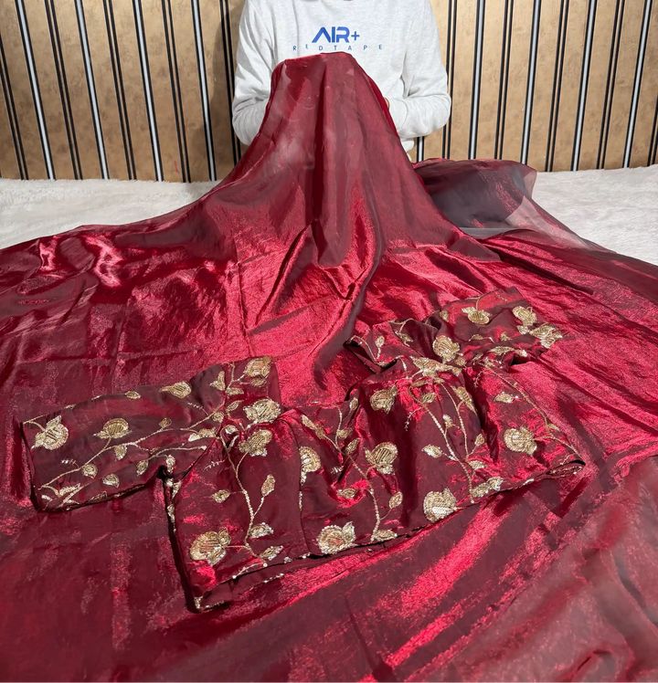 Blood Red Breathable Tissue Silk Designer Banarasi Saree