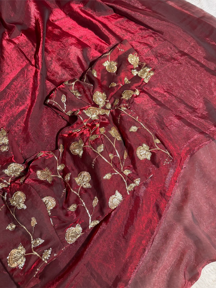 Blood Red Breathable Tissue Silk Designer Banarasi Saree