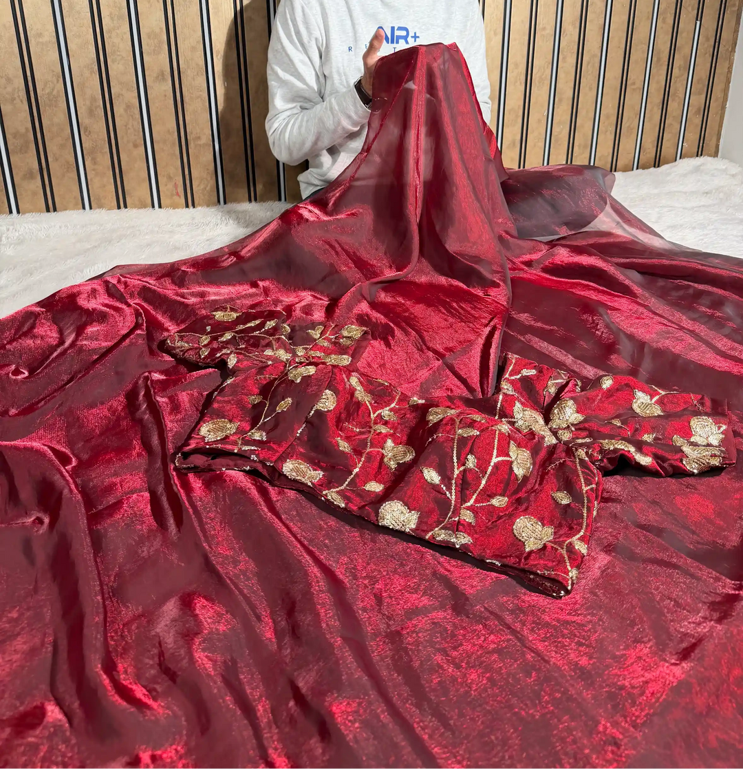 Blood Red Breathable Tissue Silk Designer Banarasi Saree