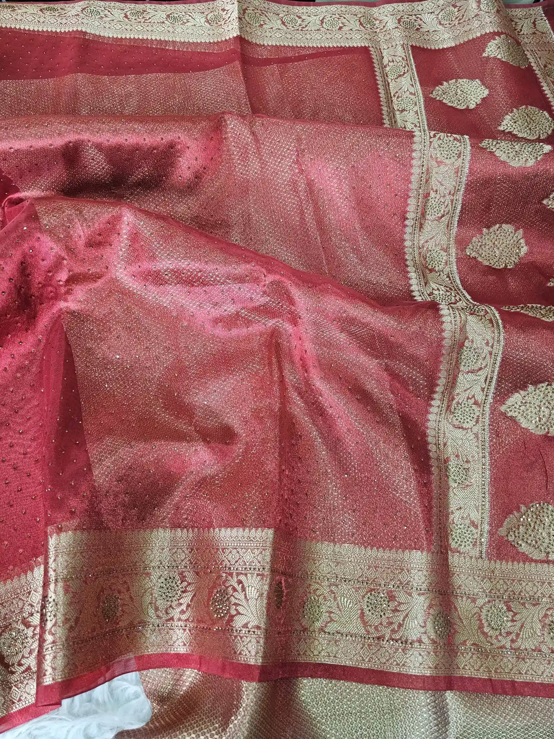 Blood Red Shade Glass Tissue Silk Banarasi Saree