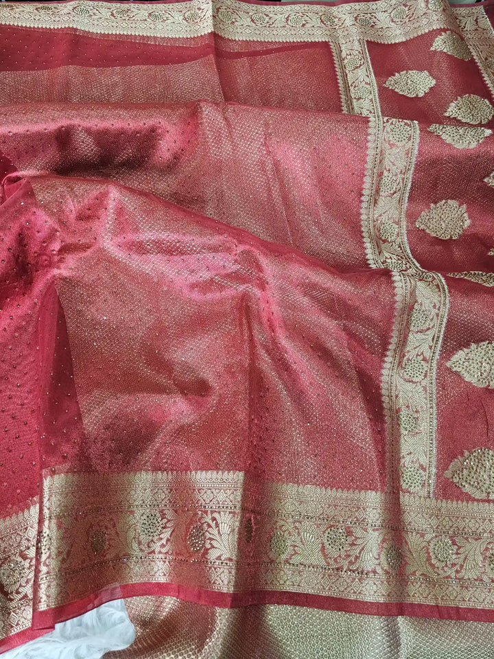 Blood Red Shade Glass Tissue Silk Banarasi Saree