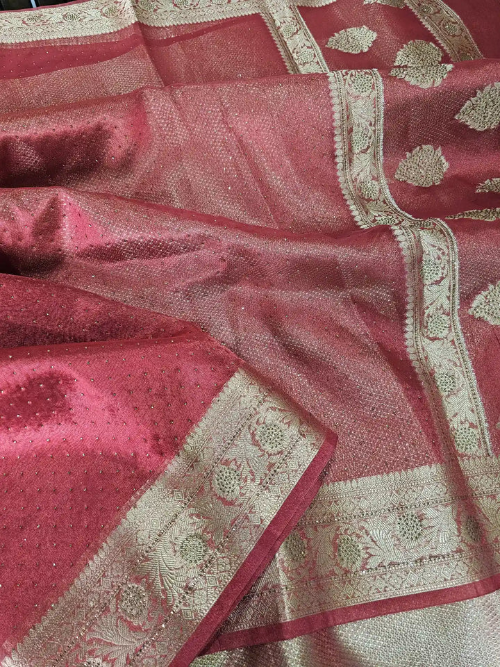 Blood Red Shade Glass Tissue Silk Banarasi Saree