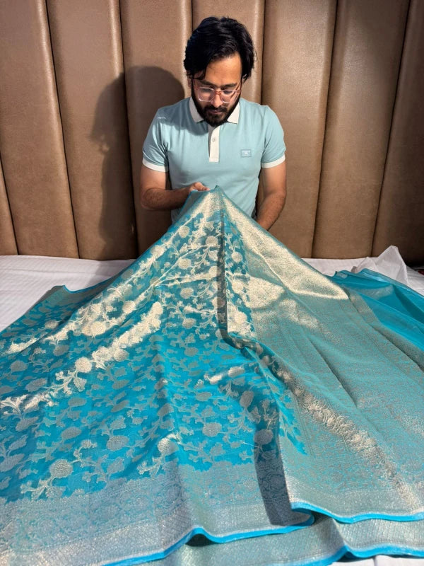 Blue Handloom Kadhwa Pure Tissue Silk Saree with Rich Pallu and Blouse 