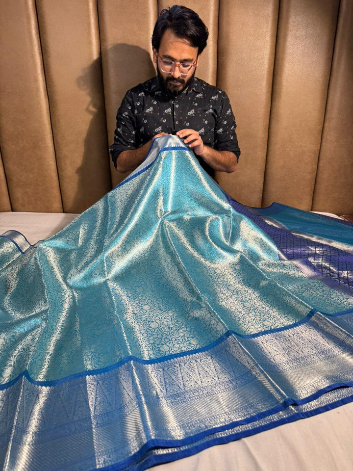 Blue Kanjivaram Bridal Tissue Silk Saree with Rich pallu and blouse