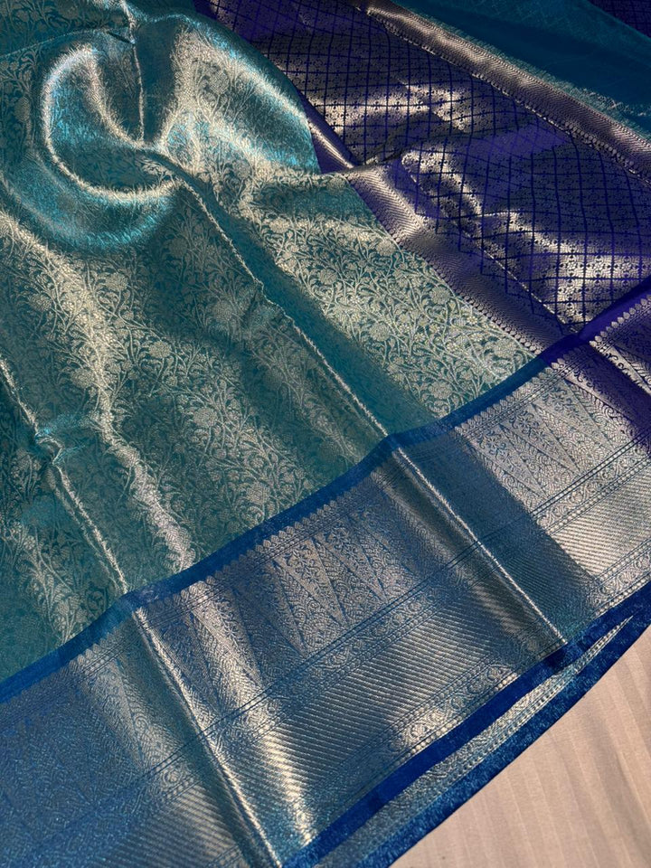 Blue Kanjivaram Bridal Tissue Silk Saree with Rich pallu and blouse