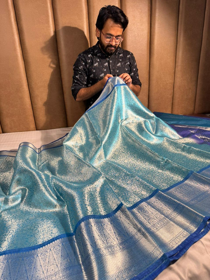 Blue Kanjivaram Bridal Tissue Silk Saree with Rich pallu and blouse