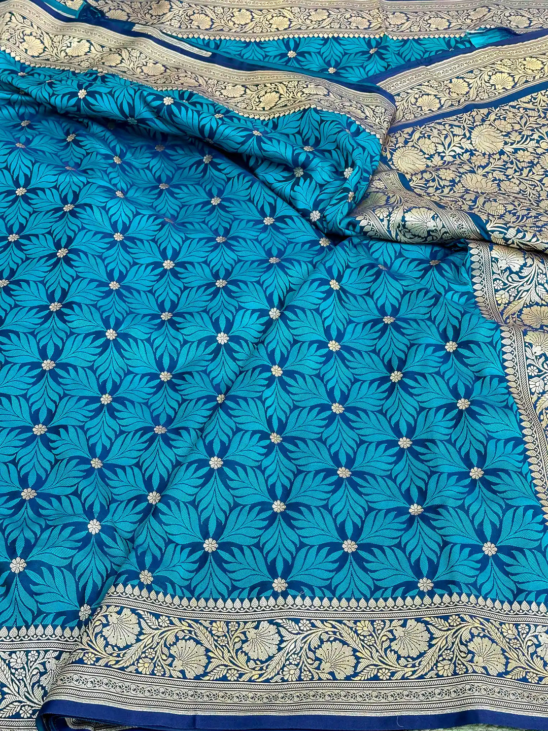 Blue Mashru Katan Silk Embossed Floral Banarasi Saree