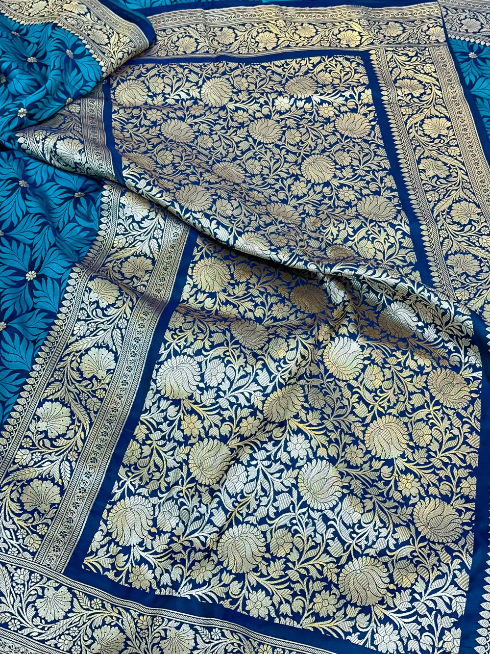 Blue Mashru Katan Silk Embossed Floral Banarasi Saree