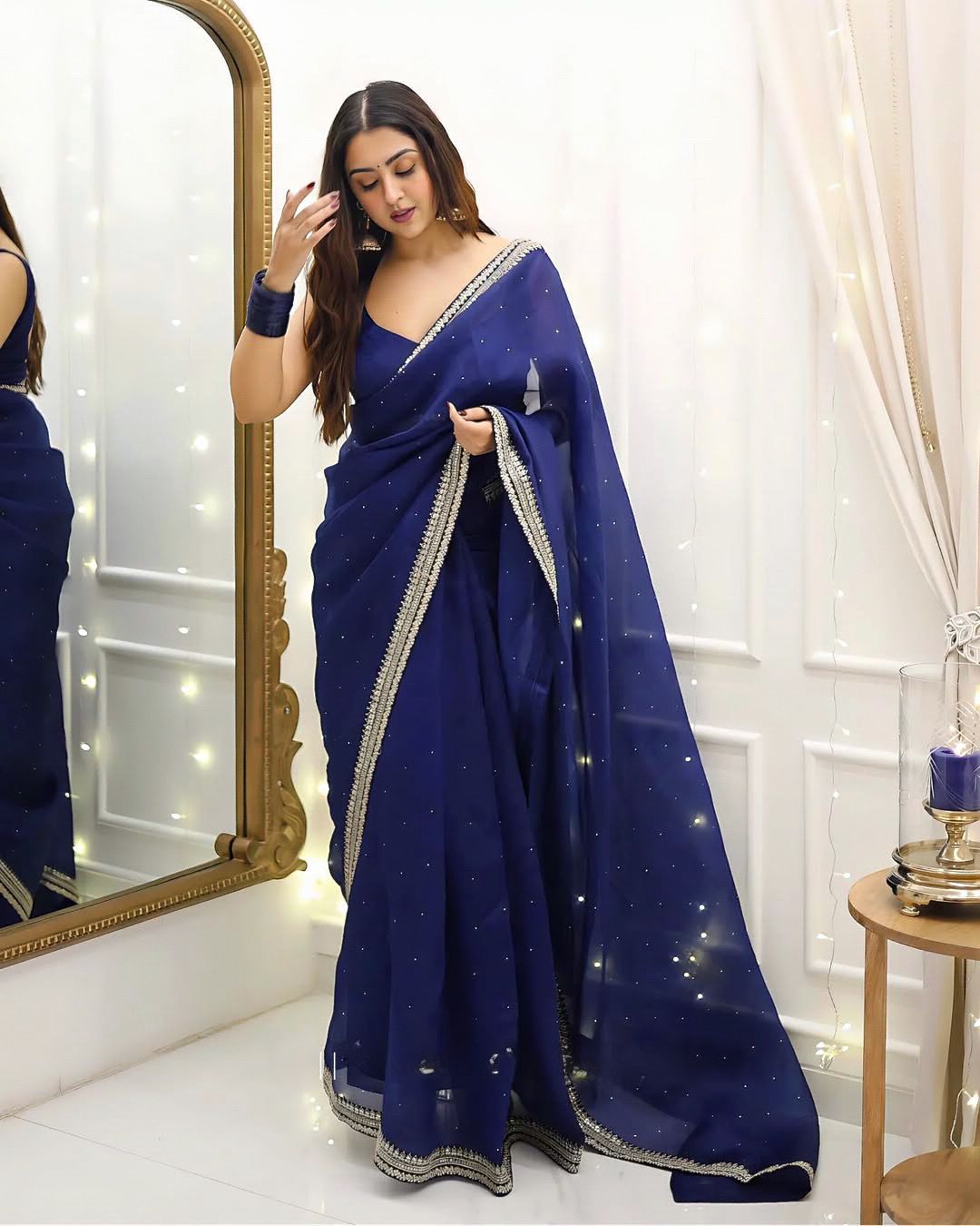 Blue Organza Silk Saree with Designer Lace Saree