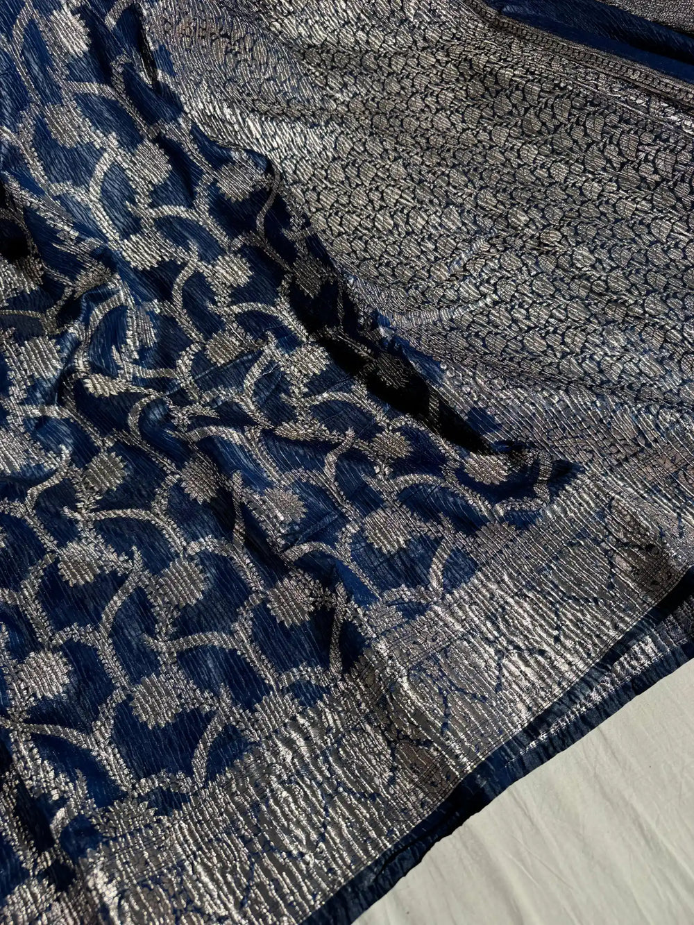 Blue Pashmina silk saree with vertical crush pattern and rich pallu