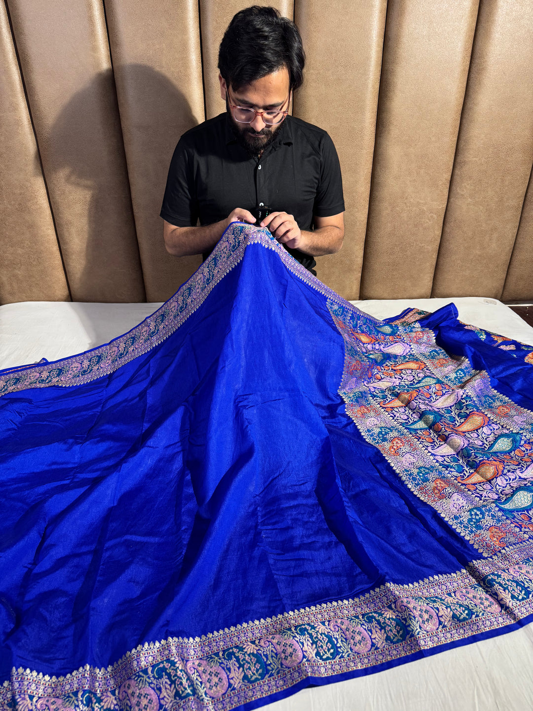Blue Banarasi Georgette Silk Golden Zari Border Banarasi Saree