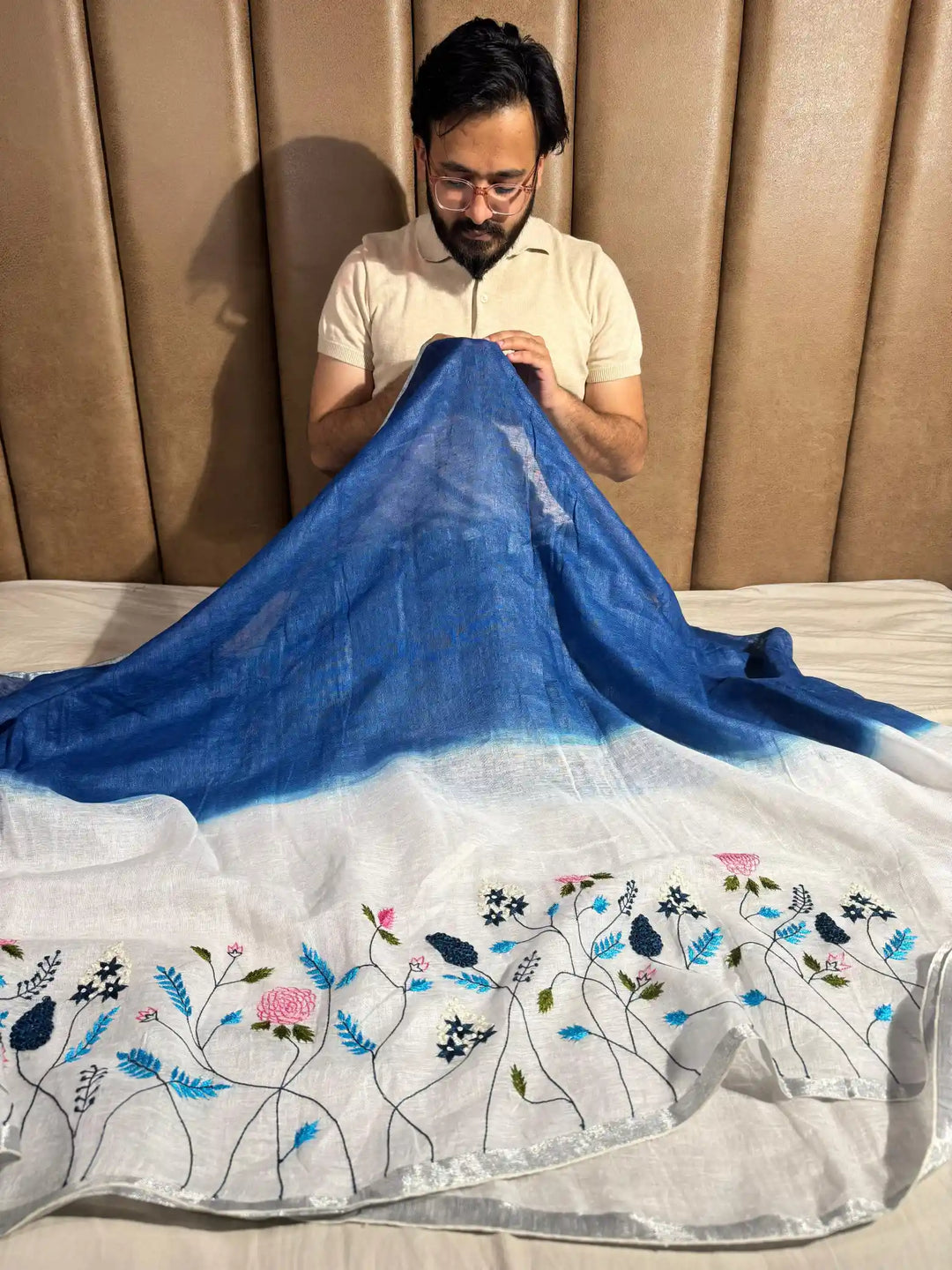 Blue with White Pure Linen Silk Saree with Complete Handwork on Top