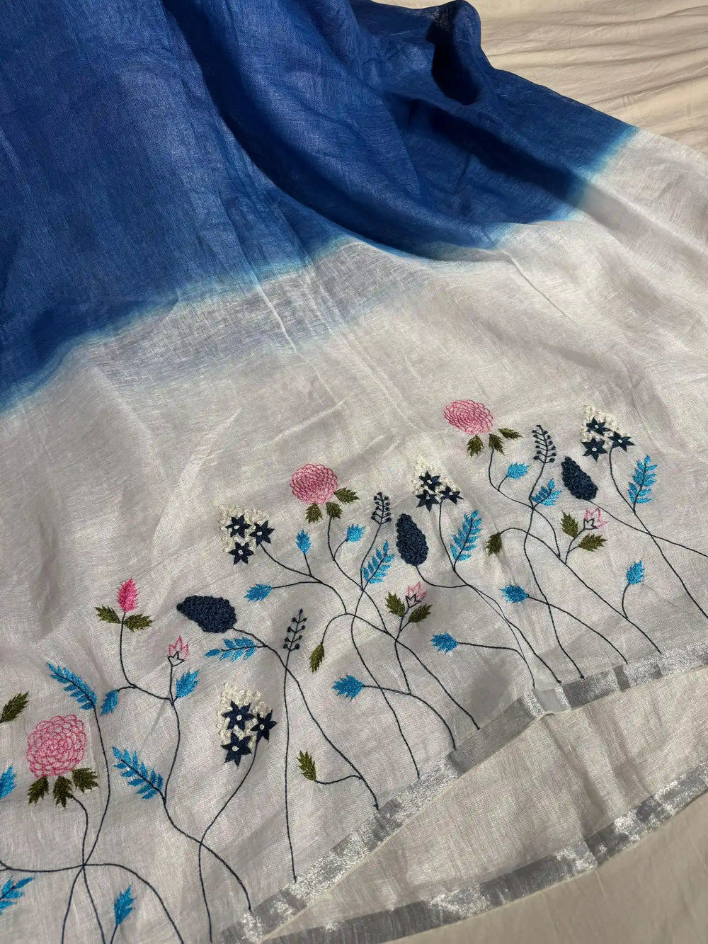 Blue with White Pure Linen Silk Saree with Complete Handwork on Top