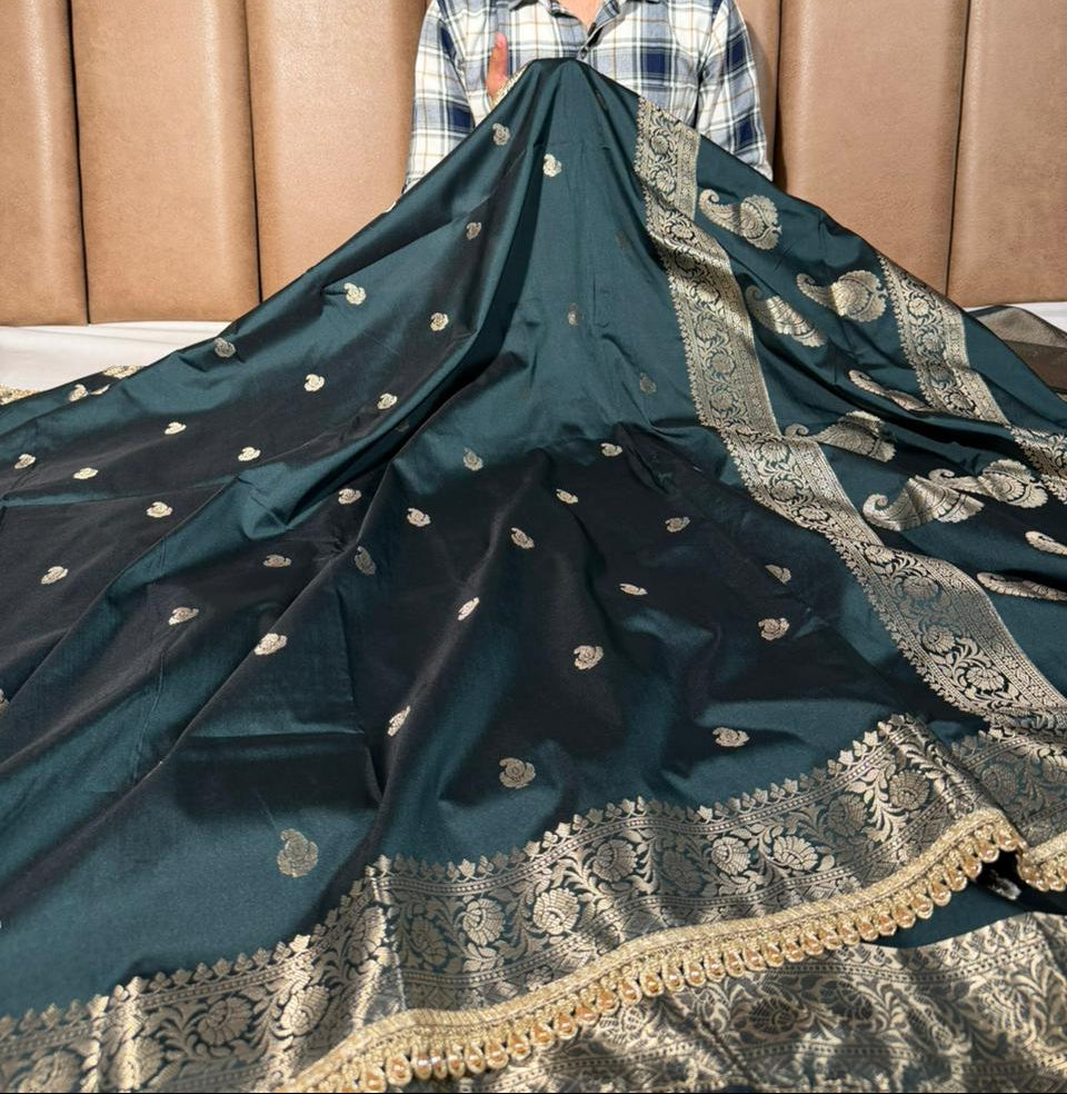 Bottle Green Banarasi Silk Lace Work Saree