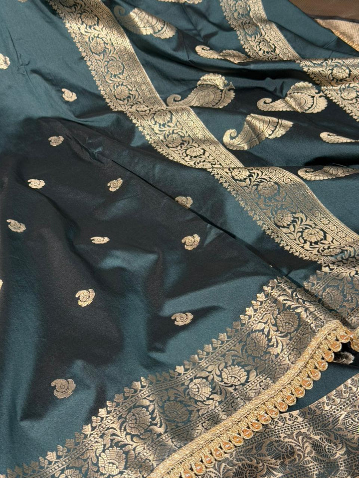 Bottle Green Banarasi Silk Lace Work Saree