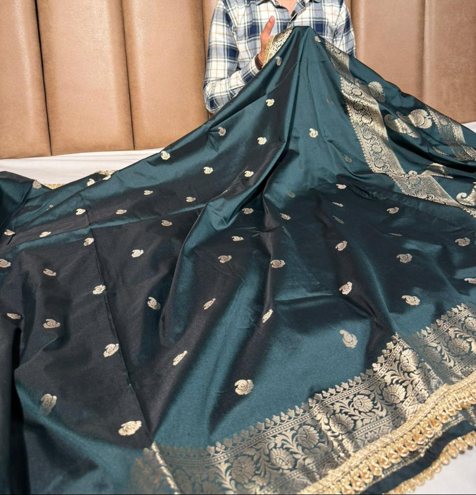 Bottle Green Banarasi Silk Lace Work Saree