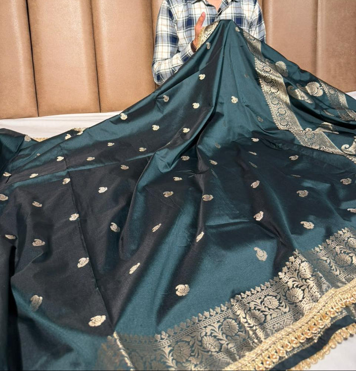Bottle Green Banarasi Silk Lace Work Saree
