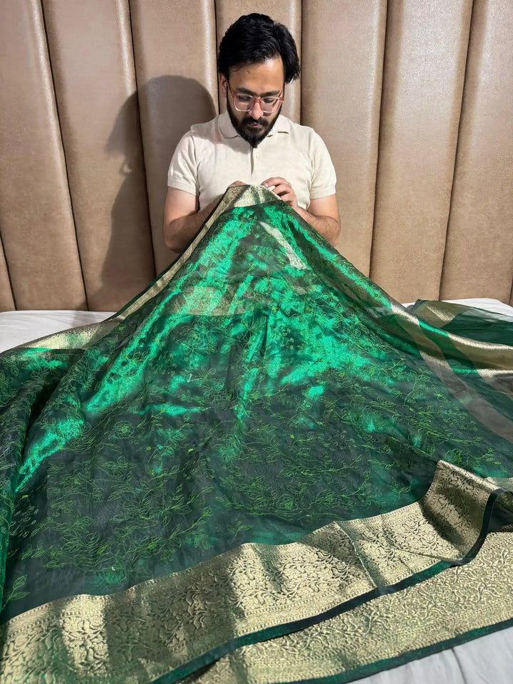 Bottle Green Banarasi Tissue Chikankari Saree with Rich Pallu & Blouse