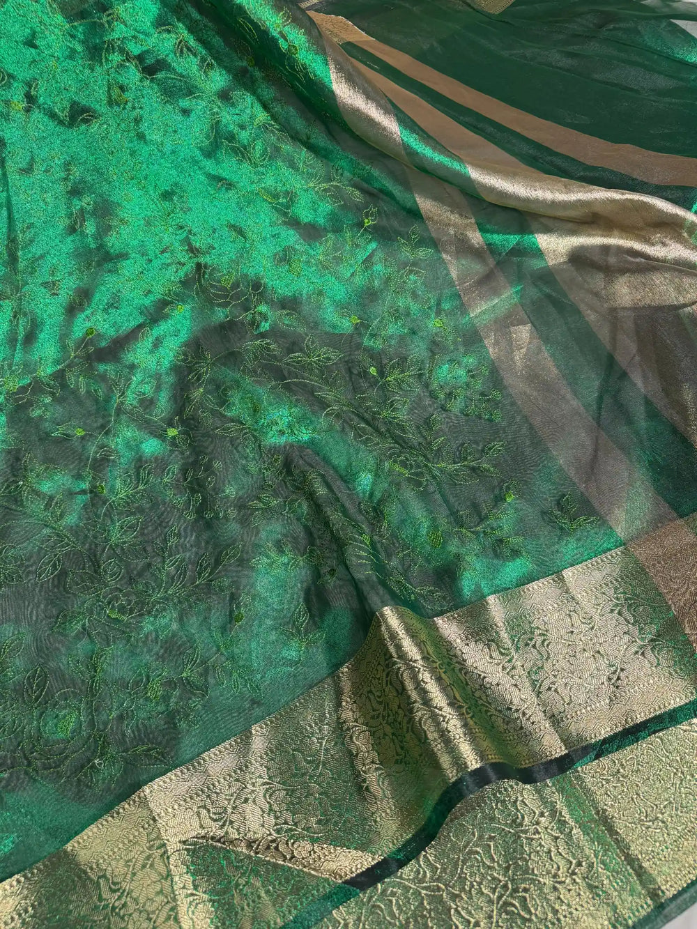 Bottle Green Banarasi Tissue Chikankari Saree with Rich Pallu & Blouse