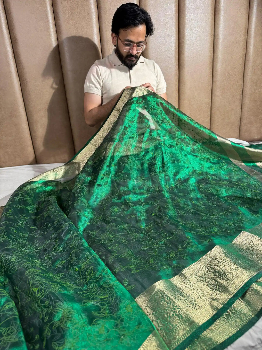 Bottle Green Banarasi Tissue Chikankari Saree with Rich Pallu & Blouse