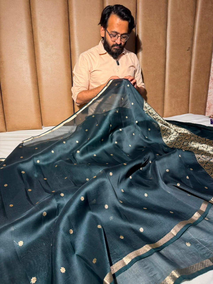 Bottle Green Handwoven Pure Organza Banarasi Saree