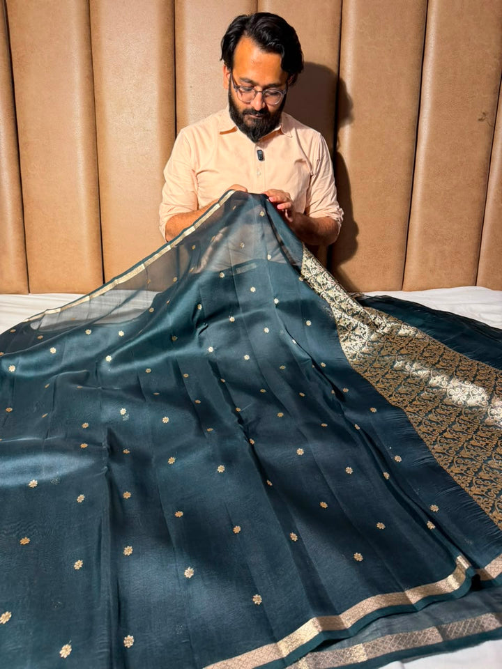 Bottle Green Handwoven Pure Organza Banarasi Saree