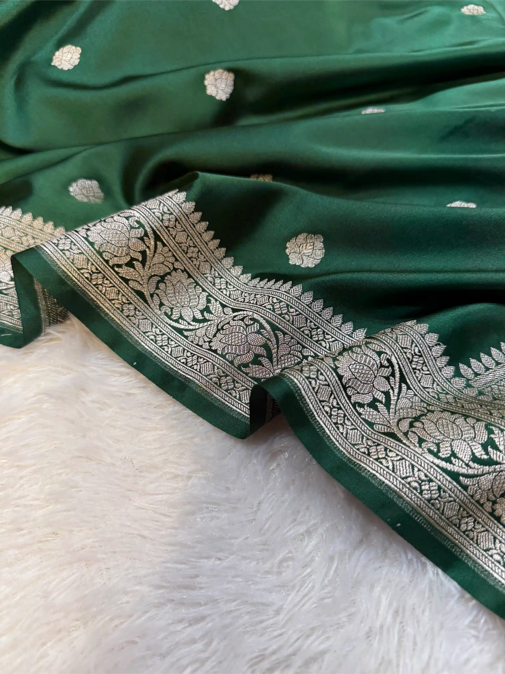 Bottle Green Mashru Katan Silver Zari Khaddi Buti Concept Banarasi Saree