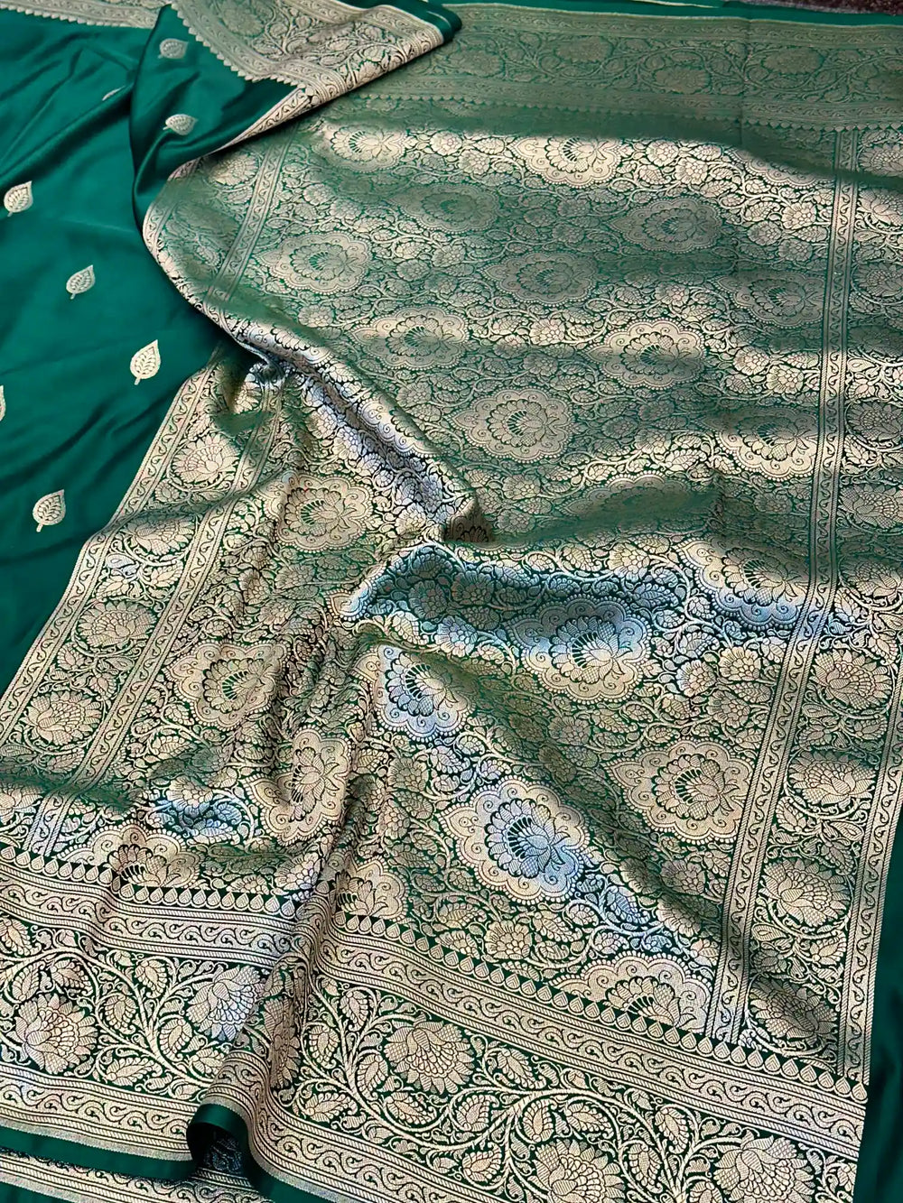 Bottle Green Motifs Weave Mashru Katan Saree