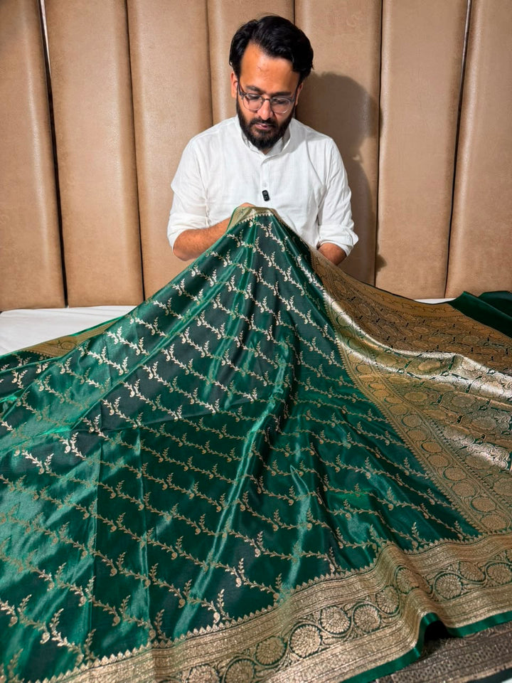 Bottle Green Satin Silk Intricate Banarasi Saree