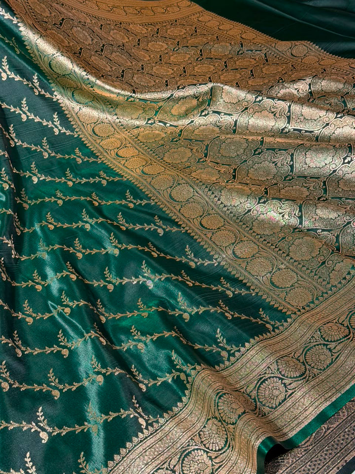 Bottle Green Satin Silk Intricate Banarasi Saree