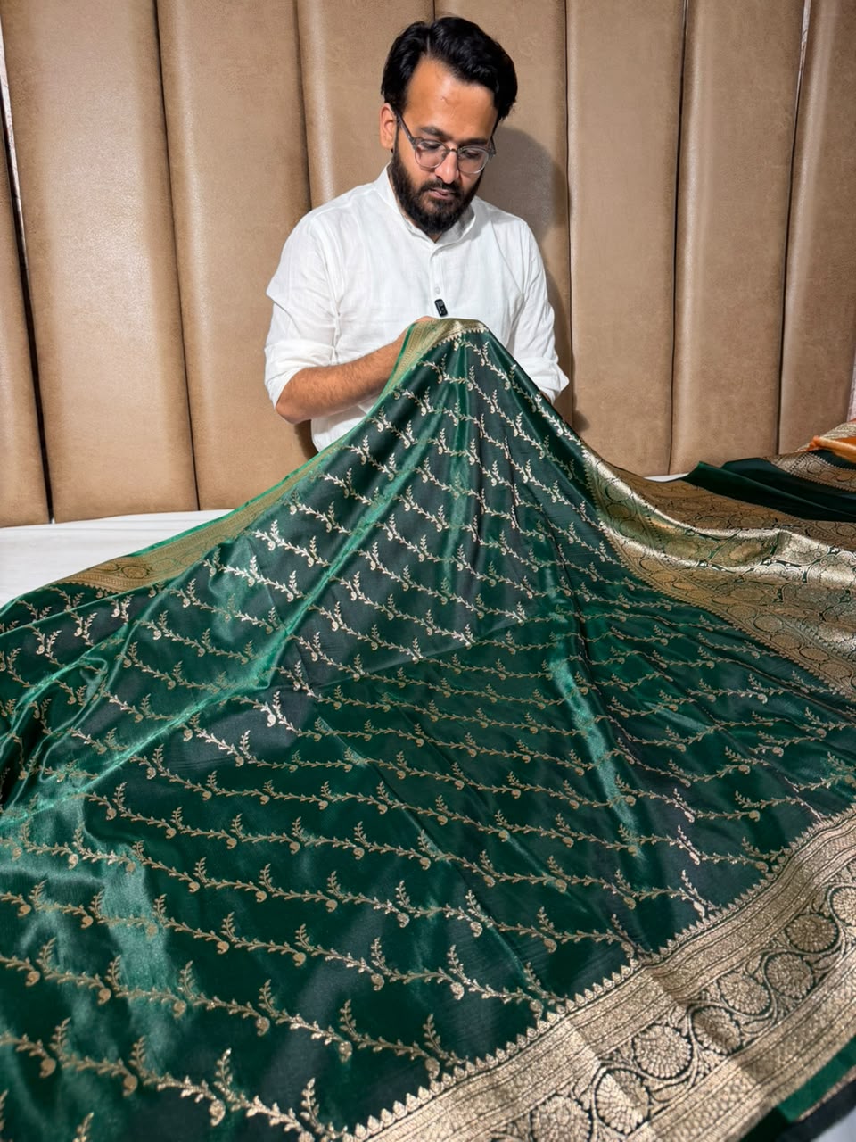 Bottle Green Satin Silk Intricate Banarasi Saree