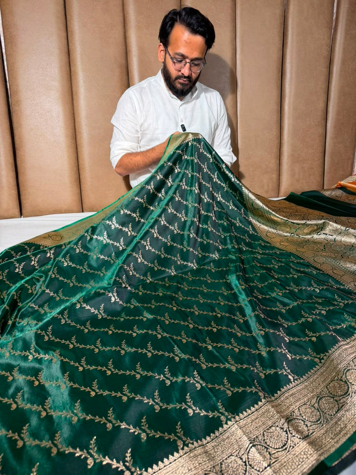 Bottle Green Satin Silk Intricate Banarasi Saree