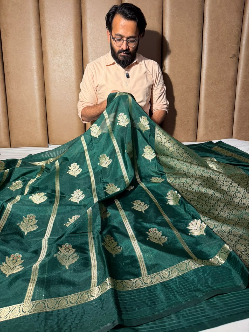 Bottle Green Stripe Weave Chinia Silk Banarasi Saree