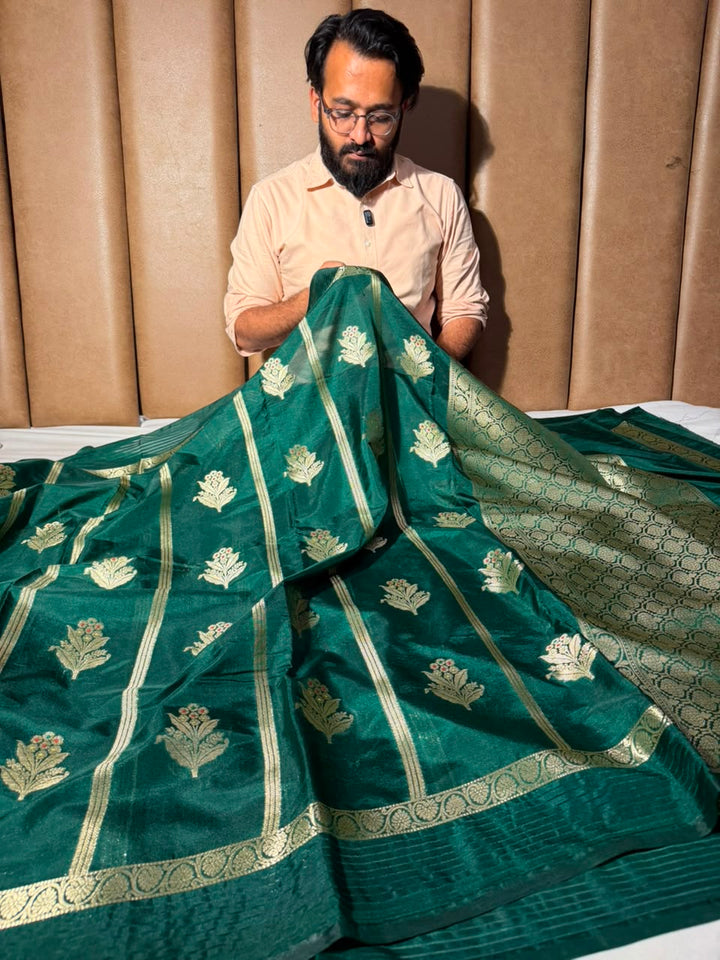 Bottle Green Stripe Weave Chinia Silk Banarasi Saree