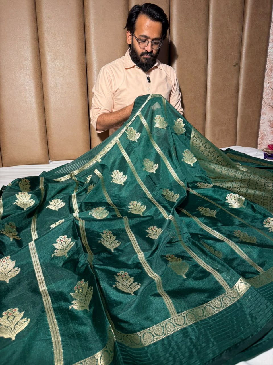 Bottle Green Stripe Weave Chinia Silk Banarasi Saree
