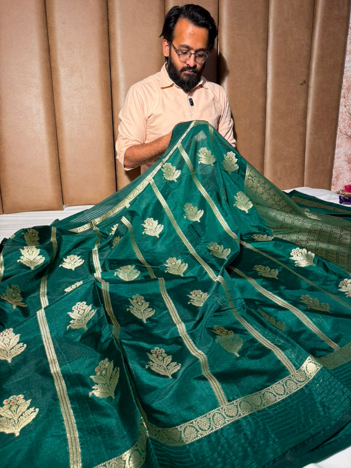 Bottle Green Stripe Weave Chinia Silk Banarasi Saree